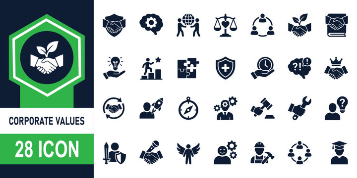 Collection of twenty eight flat corporate values icons on a white background