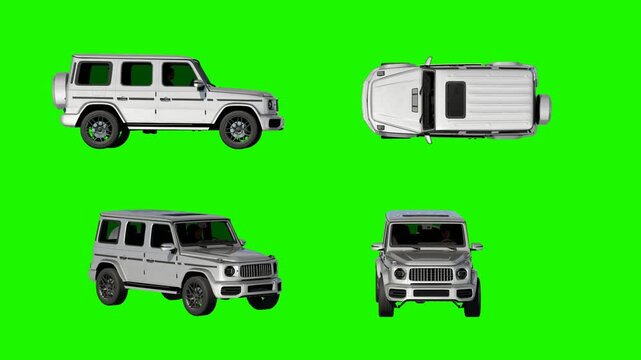 This stock footage showcases a large, boxy vehicle presented from multiple angles against a vibrant green screen background, ideal for compositing into various scenes.