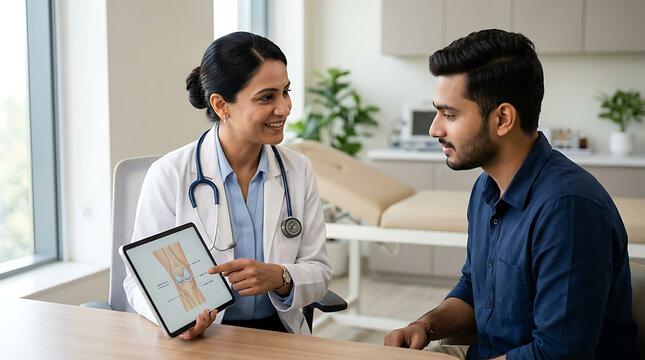 medical consultation between a healthcare professional and a patient discussing treatment options in a modern clinical setting