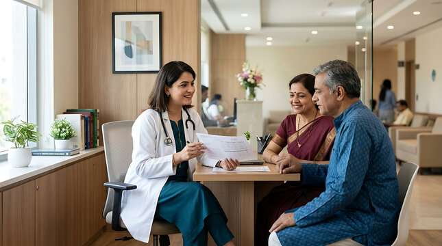 medical consultation in a modern clinic with a female doctor engaging with senior couple in a warm professional setting