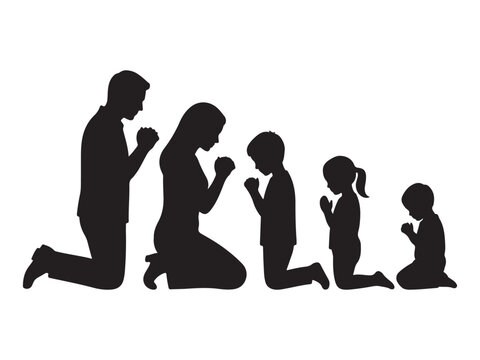 Silhouettes of a family kneeling in prayer together against a white background
