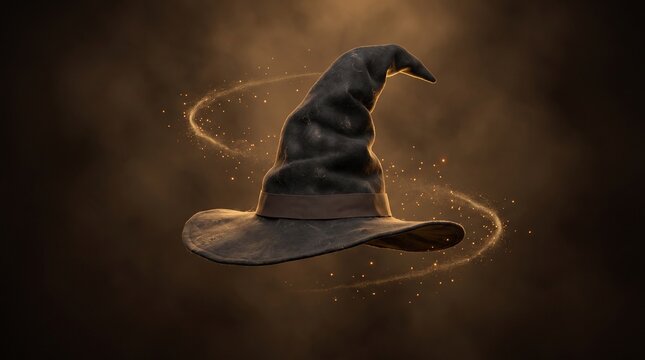 Floating magical wizard hat surrounded by swirling golden stardust particles on a dark mysterious moody atmospheric background