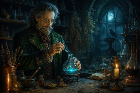 Mystical alchemist brewing glowing potion in gothic laboratory