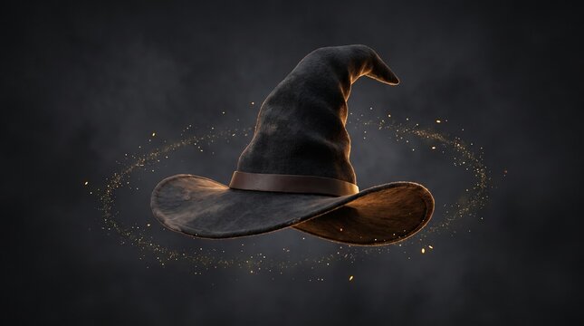 Magical Black Pointed Witch Hat Levitating in Mid-Air with Golden Sparkling Dust on Dark Smoky Background for Halloween Fantasy Concept