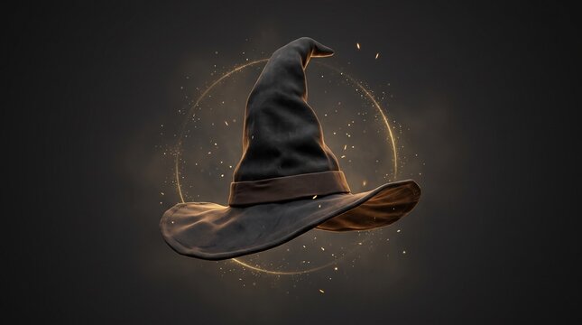 Magical witch hat floating with glowing sparkles in a dark mysterious fantasy atmosphere