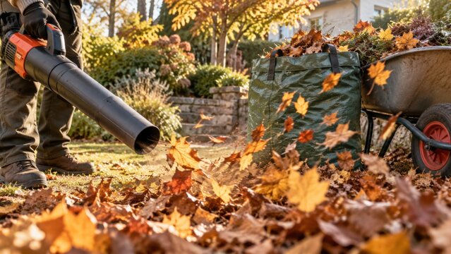 Professional Autumn Garden Cleanup with Leaf Blower and Rake in Residential Landscape