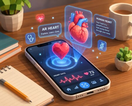 Augmented Reality Health App: A smartphone displays an innovative augmented reality application showcasing a 3D model of the human heart, complete with vital signs and anatomical information.