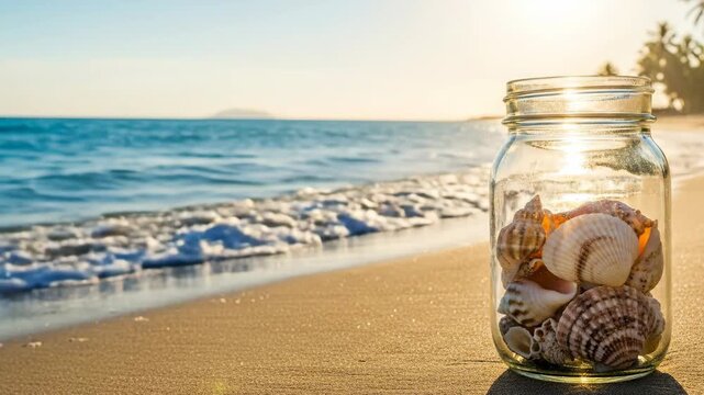 A Beautiful Coastal Moment Of Sunlight, Waves, And Collected Seashells