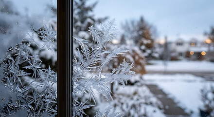 Fototapeta premium Frost Patterns on Window Glass with Blurred Snowy Suburban Neighborhood View