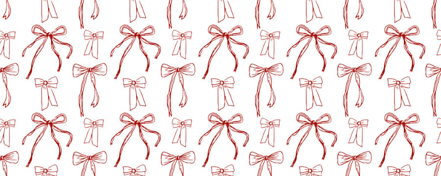 Seamless Christmas pattern with hand-drawn red ribbon bows in varied shapes and sizes arranged on transparent background