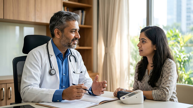 medical consultation between a senior male doctor and a young female patient in a well-lit clinic setting