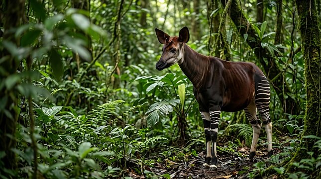 An elusive Okapi, often called a forest giraffe, stands calmly within the vibrant, dense African rainforest, highlighting a unique ecological marvel