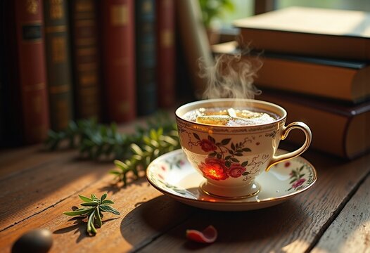 Herbal Tea in Delicate China Cup on Wooden Desk Surrounded by Books and Warm Light