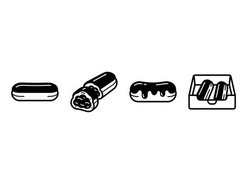 Set of monochromatic eclair vector icons featuring various pastry designs for culinary menu and bakery graphic applications