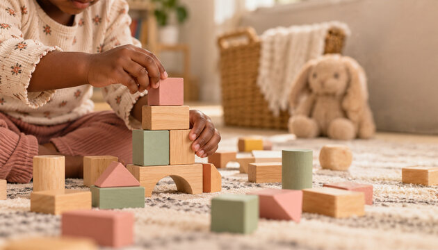 African child stacking colorful wooden building blocks on the floor at home, creative educational play supporting early learning and motor skills