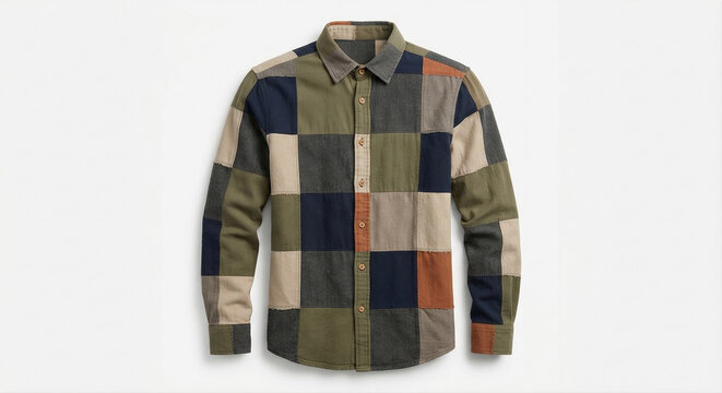 Patchwork flannel shirt olive navy beige squares isolated on white background