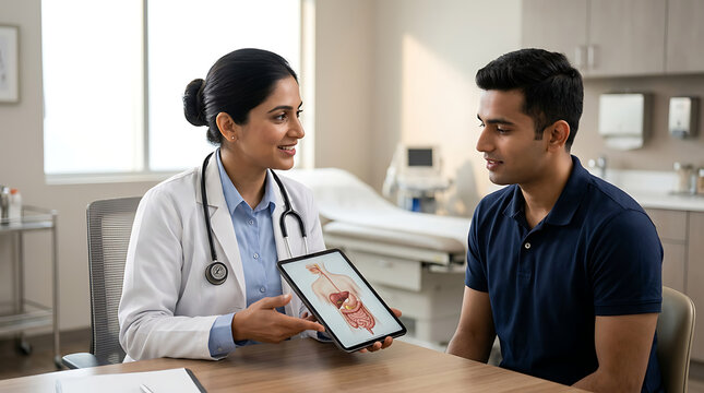 Medical Consultation with a Female Doctor Explaining Digestive System Using Digital Tablet in Modern Clinic