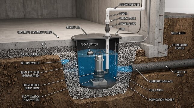 Sump pump installation cutaway 3D illustration showing pit, check valve, float switch, gravel and drain tile in basement