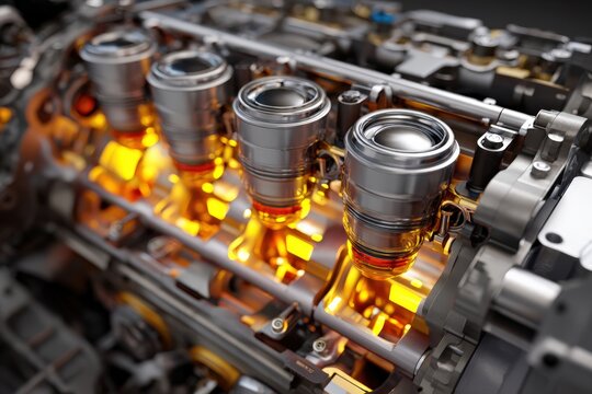 Close-up cutaway view showing details of an internal combustion engine with visible components