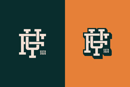 Vintage athletic monogram logo design featuring interlocking letters on split colored backgrounds