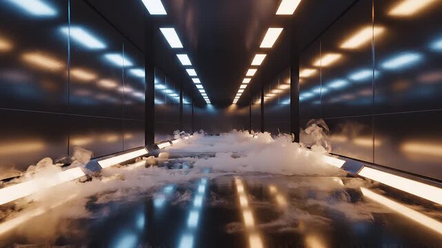 Cinematic empty futuristic sci fi metallic corridor with thick smoke rolling on reflective floor and glowing panel lights