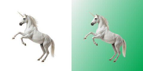 Majestic white unicorn rearing up with magical golden horn © DesignFlenock