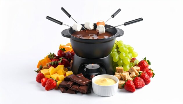 sweet chocolate fondue pot with fresh fruits and marshmallows