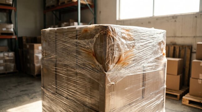 damaged cargo boxes wrapped in plastic film on a wooden pallet inside a warehouse.