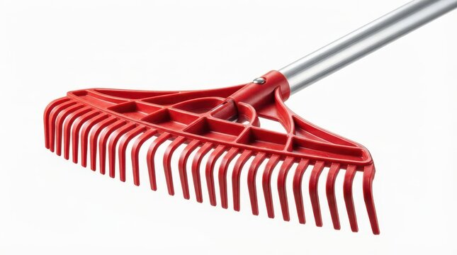 Red plastic garden rake with a metal handle isolated on white background