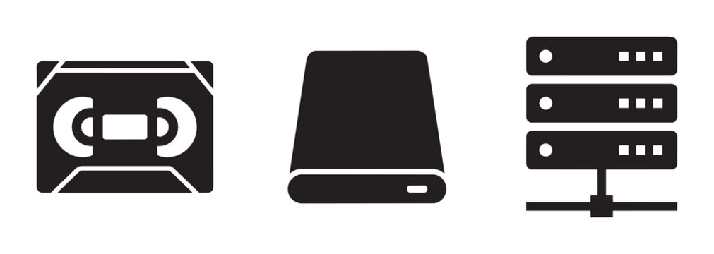 Data Storage Icons: VHS Tape, Hard Drive, Server Rack, Digital Archive, Technology Evolution