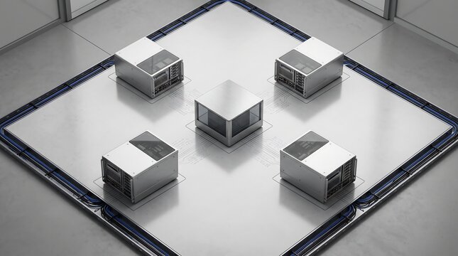 3D render of a centralized network hub with peripheral server nodes on a metallic platform