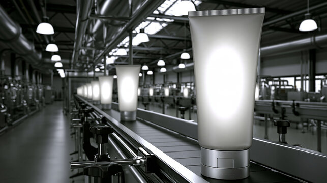 Cosmetic Tube Packaging Moving On Conveyor Belt Inside Automated Production Factory
