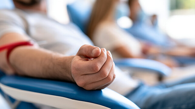 Volunteer Person Donating Blood At Hospital Clinic With Red Tourniquet Applied

