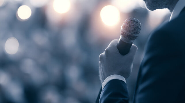 A hand holding microphone while moderating professional conference panel discussion