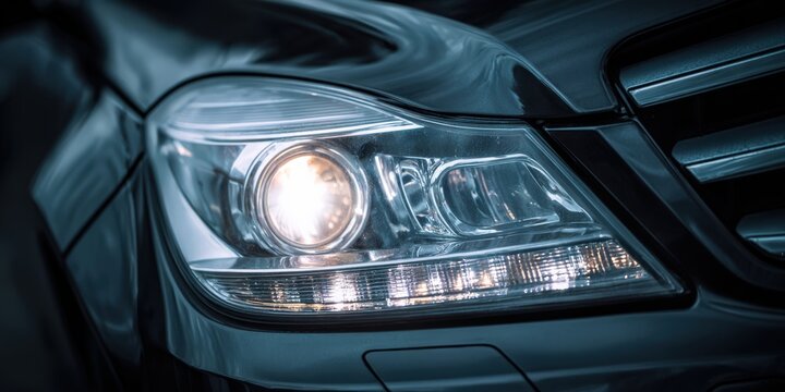 Close-up view of a car headlight at night showing light reflections and glass transparency