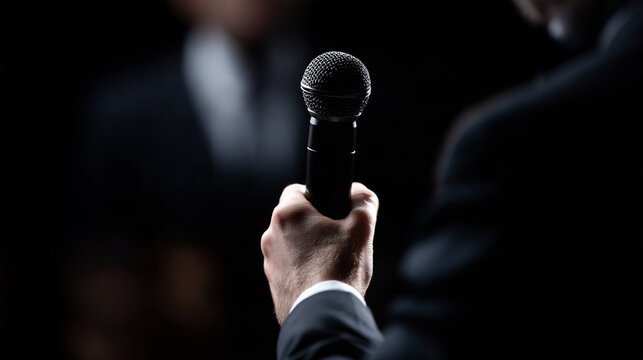 A hand holding microphone while moderating professional conference panel discussion