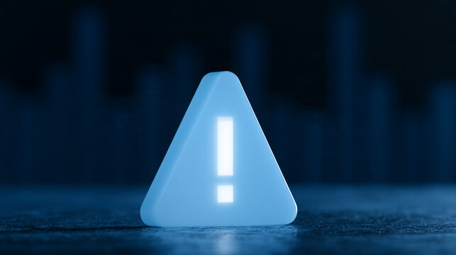 Glowing warning triangle alert icon over volatile stock market data chart
