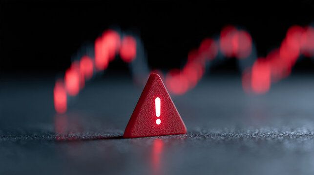 Glowing warning triangle alert icon over volatile stock market data chart