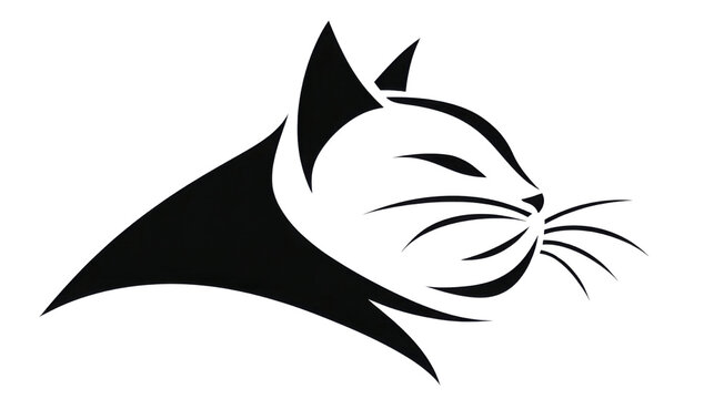 Minimalist black cat head logo silhouette with whiskers, pointed ears, simple abstract feline emblem design for pet brand on white background