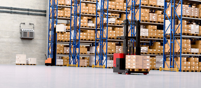 Warehouse Scene with High Shelves and Reach Fork Tracks.  Logistics Concept.. 3D illustration	

