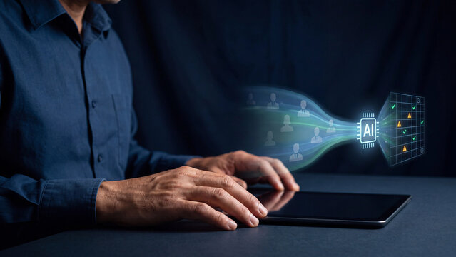 AI Workforce Scheduling and Shift Assignment Concept, Manager Using Tablet with Employee Profiles Flowing into AI Chip Creating Roster Grid with Conflict Alerts and Approvals
