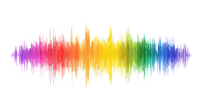 Colorful rainbow sound wave spectrum audio waveform, vibrant gradient frequency lines, abstract digital music visualization for equalizer design on white background