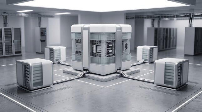 3D render of a centralized supercomputer hub connected to peripheral server nodes in a modern data center