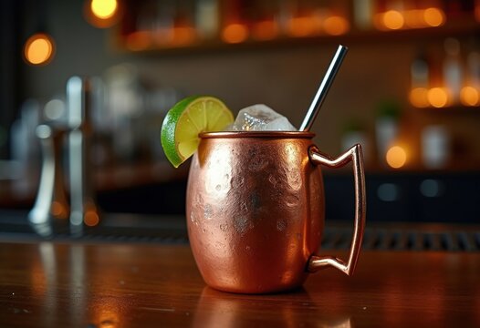 Copper Mug Moscow Mule Lime Garnish Industrial Bar Counter Close Up