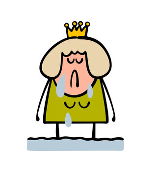 A sad princess stands in tears in a puddle. Vector illustration of a moody woman with a crown crying bitterly knee-deep in water. Huge drops are running down my face.
