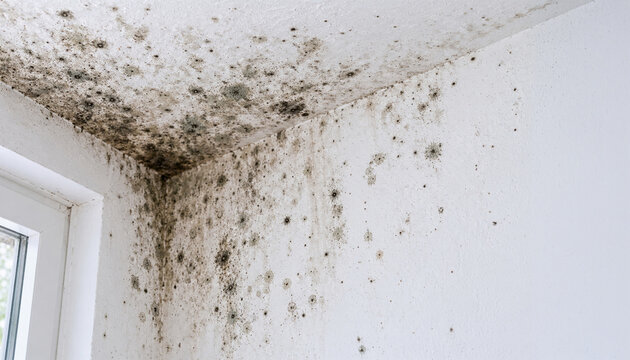 Severe black mold growth spreading across white ceiling and wall near window caused by moisture, dampness and water damage in residential home