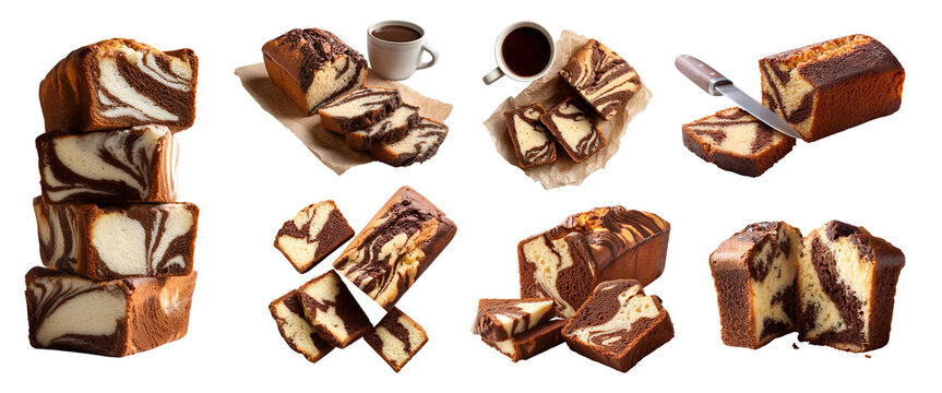 Set of  chocolate vanilla swirls marble loaf classic cake, slice pile stack, Parchment paper with coffee, knife, transparent cutout PNG. Many different angle. Mockup