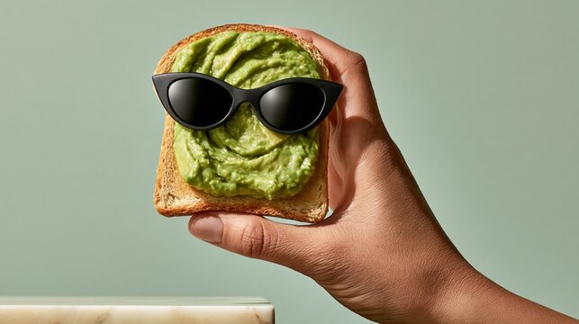 Funny avocado toast wearing tiny black sunglasses on marble counter, whimsical food photo with copy space