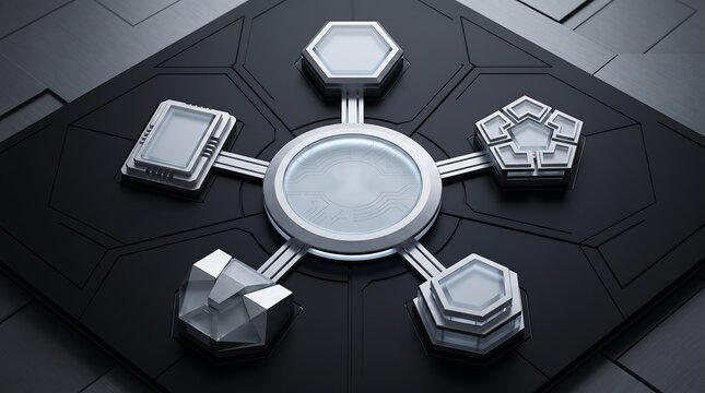 3D render of a central network hub connecting diverse geometric data nodes
