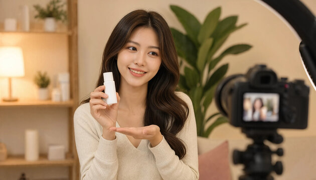 Young smiling Asian woman beauty vlogger demonstrating and presenting a skincare cosmetic bottle to her camera tripod setup during a live streaming video broadcast.
